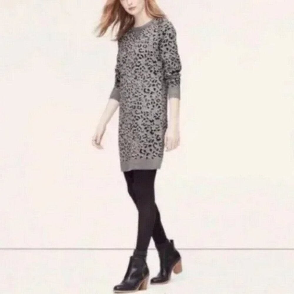 Loft Sweater Dress Leopard Grey Wool Print Crew Knit Long Sleeve Casual Mini